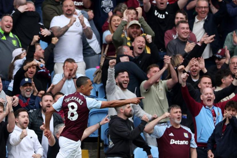 Aston Villa's Belgian midfielder #08 Youri Tielemans celebrates after scoring the opening goal during the English Premier League football match between Aston Villa and Fulham at Villa Park in Birmingham, central England on May 3, 2025.  Adrian Dennis / AFP