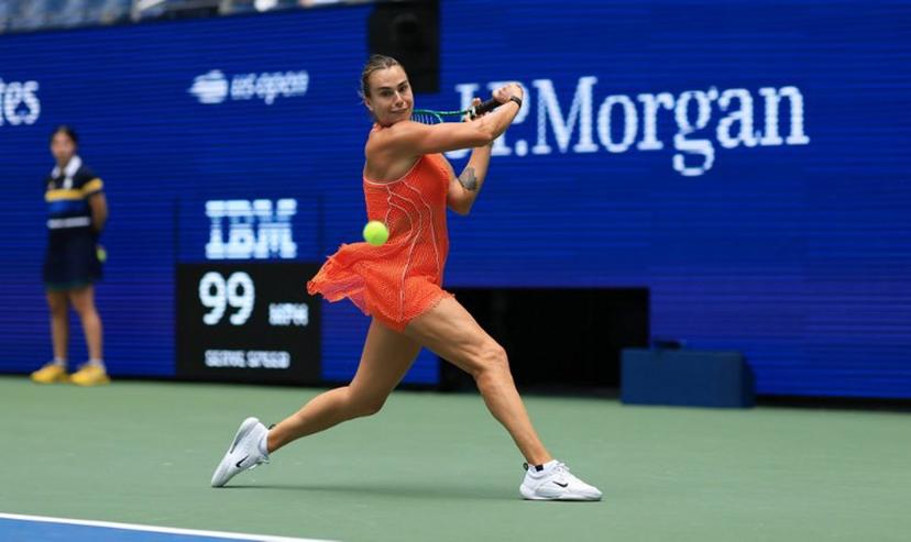 Belarus' Aryna Sabalenka plays a backhand return against Colombia's Camila Osorio during the women's singles first round tennis match on day two of the US Open tennis tournament at the USTA Billie Jean King National Tennis Center in New York City on August 31, 2026.  TIMOTHY A. CLARY / AFP