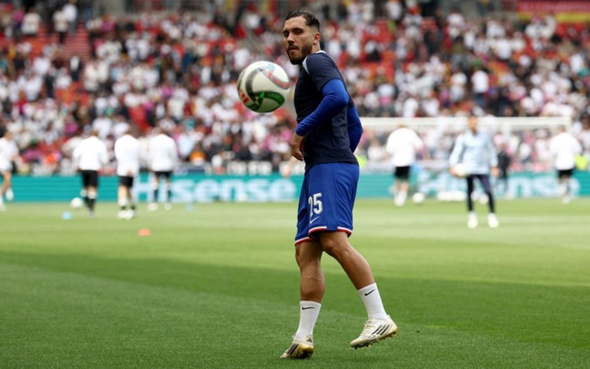 France's forward #25 Rayan Cherki warms up with a ball prior to the UEFA Nations League third place play-off football match between Germany and France in Stuttgart, southwestern Germany on June 8, 2025.  FRANCK FIFE / AFP