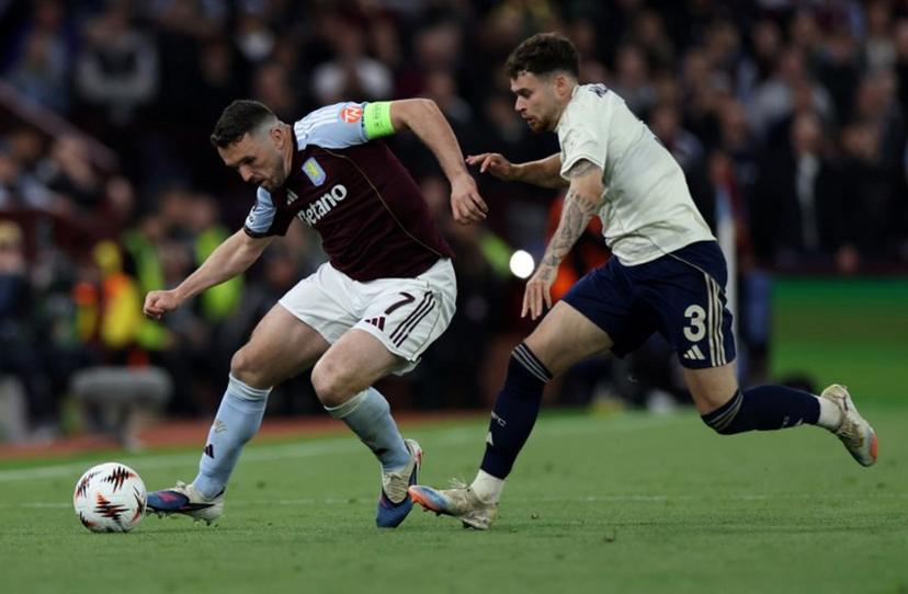 Nottingham Forest's Welsh defender #03 Neco Williams (R) vies with Aston Villa's Scottish midfielder  #07 John McGinn during the UEFA Europa League, semi-final second-leg football match between Aston Villa and Nottingham Forest at Villa Park in Birmingham, central England on May 7, 2026.  Darren Staples / AFP