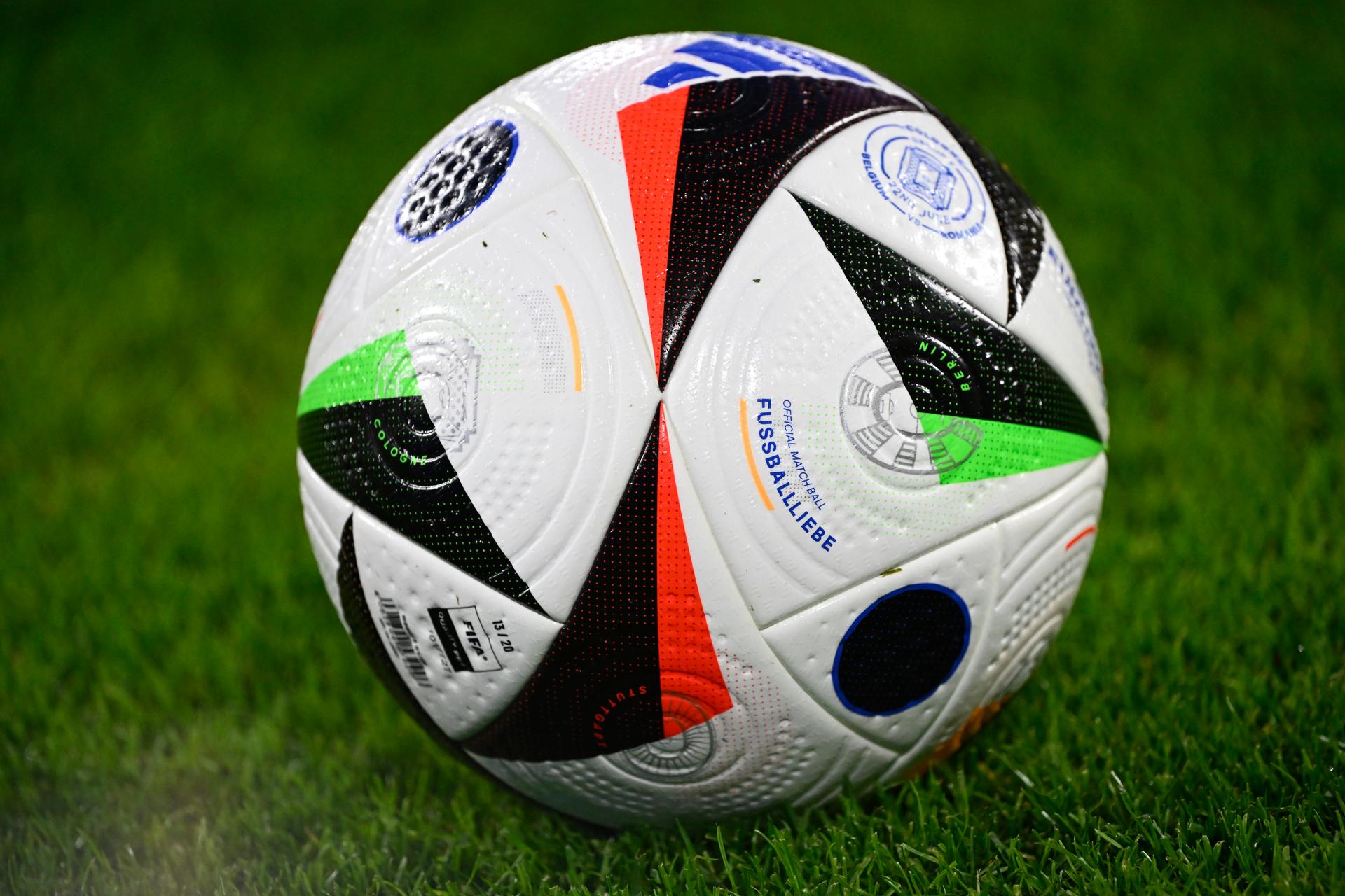 Illustration shows the math ball during a soccer game between Belgian national soccer team Red Devils and Romania, Saturday 22 June 2024 in Cologne, Germany, the second match in the group stage of the UEFA Euro 2024 European championships. BELGA PHOTO DIRK WAEM