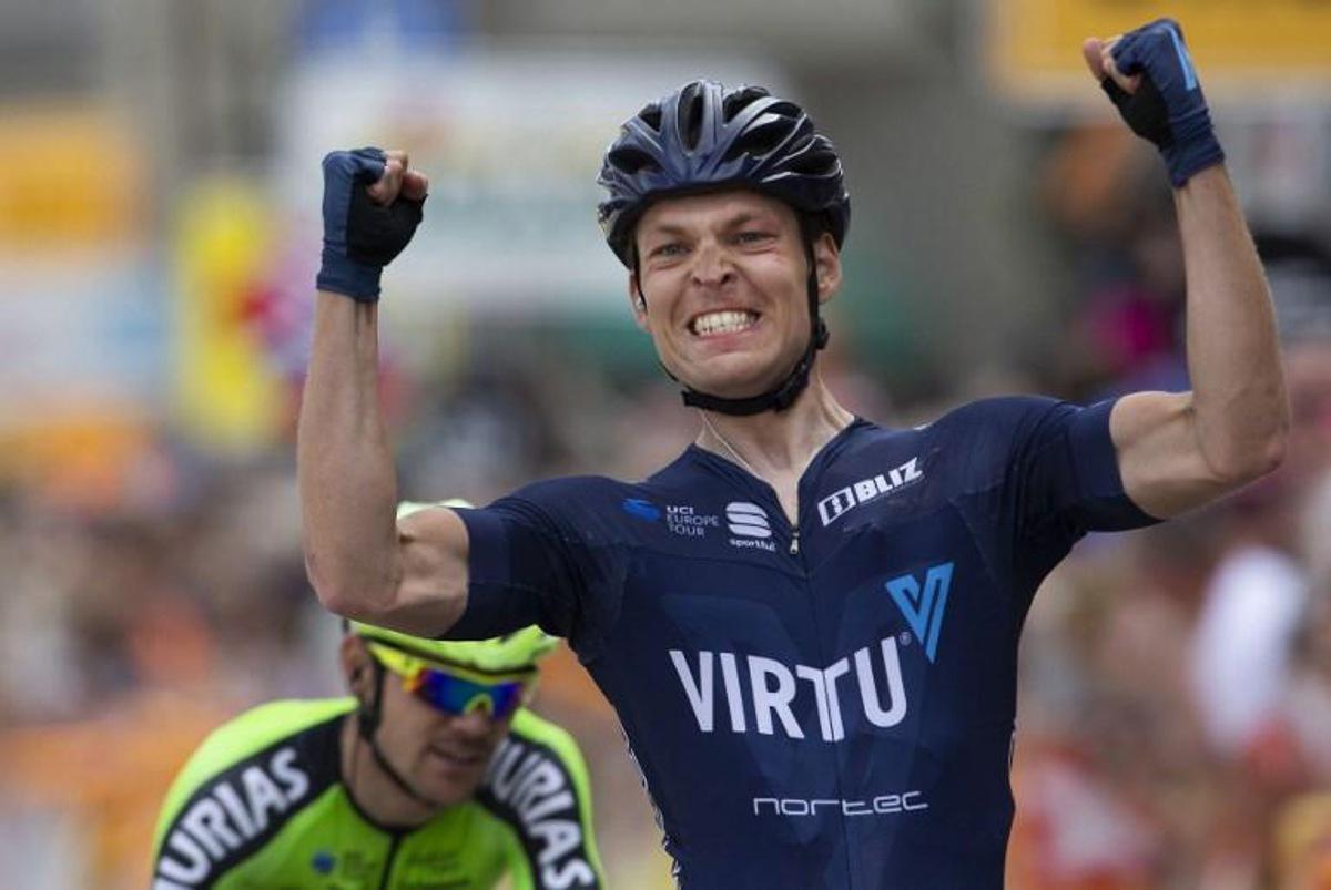 Stage winner Alexander Kamp of Team Virtu Cycling celebrates as he crosses the finish line at the end of the last stage of Tour of Norway on May 20, 2018 in Lillehammer, Norway.   Geir OLSEN / NTB scanpix / AFP Norway OUT

