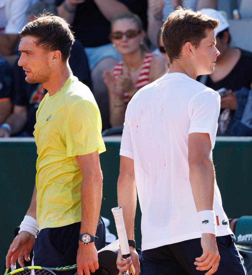 Belgian Raphael Collignon and Belgian Alexander Blockx pictured in action during the afternoon training session at the Roland Garros French Open tennis tournament, in Paris, France, Friday 22 May 2026. This year's tournament takes place from 24 May to 07 June. BELGA PHOTO BENOIT DOPPAGNE