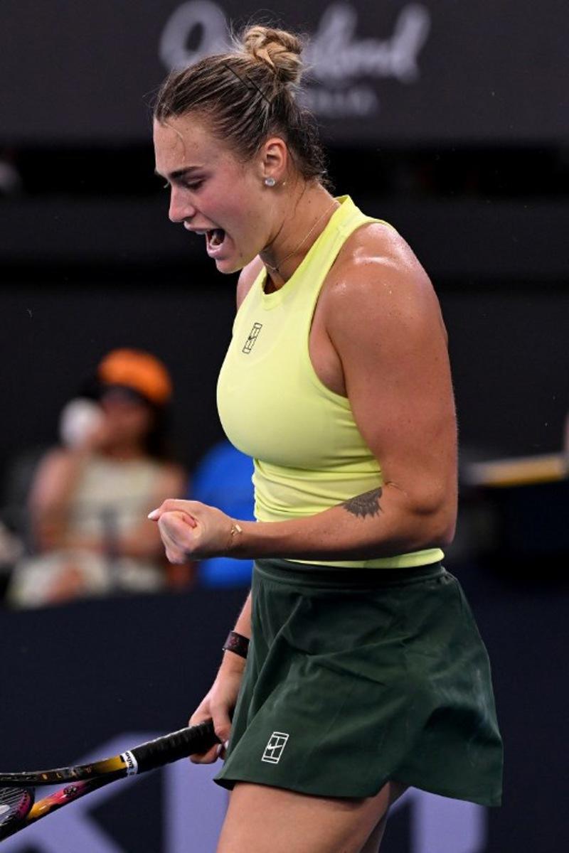 Aryna Sabalenka of Belarus reacts during her women's singles semi-final match against Karolina Muchova of Czech Republic at the Brisbane International tennis tournament in Brisbane on January 10, 2026.   William WEST / AFP