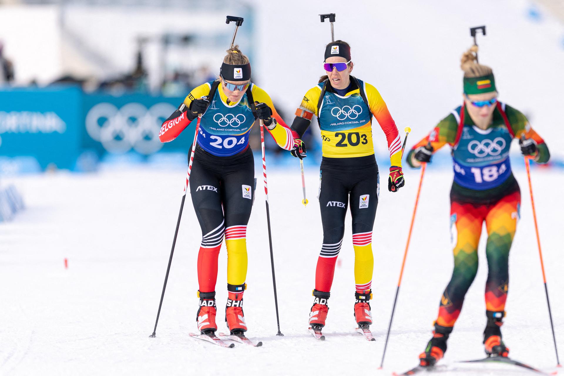Maya Cloetens #20-4 of Team Belgium and Lotte Lie #20-3 of Team Belgium during Biathlon Mixed Relay 4 x 6 km during day 2 of the 2026 Winter Olympics on February 8, 2026 in Antholz-Anterselva Biathlon Arena. Photo by Alexis Jumeau/ABACAPRESS.COM BENELUX ONLY