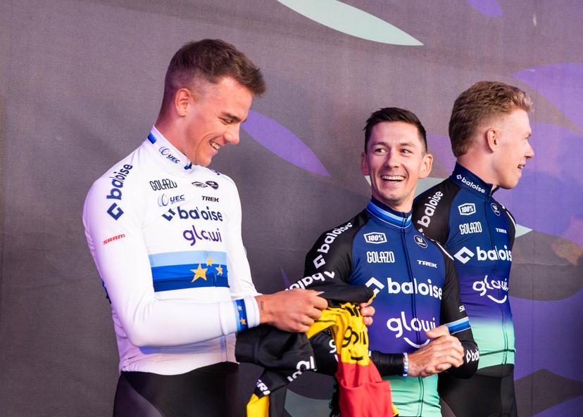 Thibau Nys and Lars van der Haar pictured during a press conference to present the team members of the Baloise Glowi Lions cyclocross cycling team, Sunday 05 October 2025 in Tremelo. BELGA PHOTO EMILE WINDAL