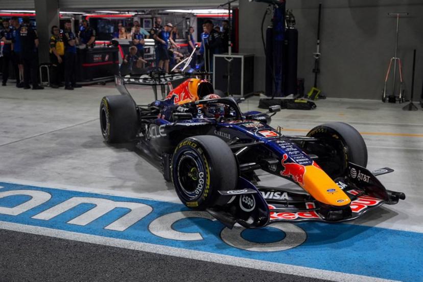 Red Bull Racing's Dutch driver Max Verstappen drives in the pits during the sprint qualifying session ahead of the Formula One Singapore Grand Prix at the Marina Bay Street Circuit in Singapore on October 9, 2026.  Ng Han Guan / POOL / AFP
