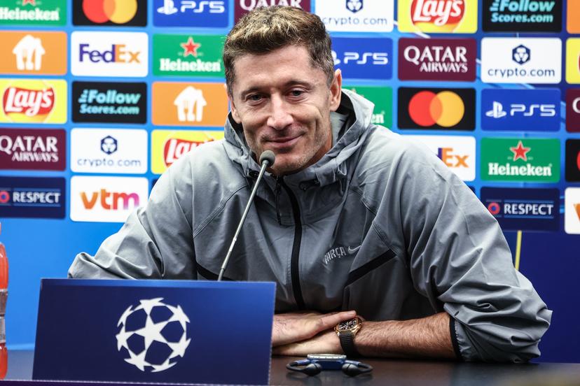 Barcelona's Robert Lewandowski pictured during a press conference of Spanish FC Barcelona, on Tuesday 04 November 2025 in Brugge. The team is preparing for tomorrow's game against Belgian soccer team Club Brugge KV, on day four of the League phase of the UEFA Champions League tournament. BELGA PHOTO BRUNO FAHY