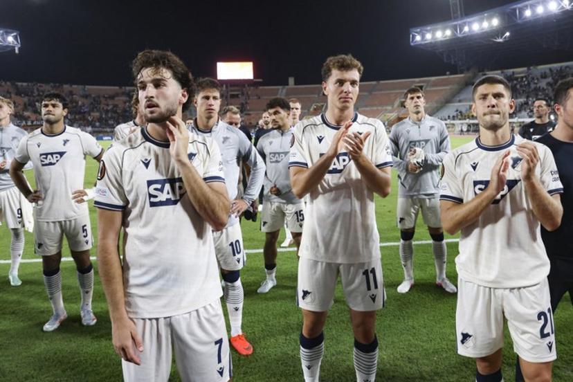 Hoffenheim's players react at the end of the UEFA Europa League first round football match between OFI Crete FC and TSG 1899 Hoffenheim at Pankritio stadium in Heraklion on September 17, 2026.  Costas Metaxakis / AFP
