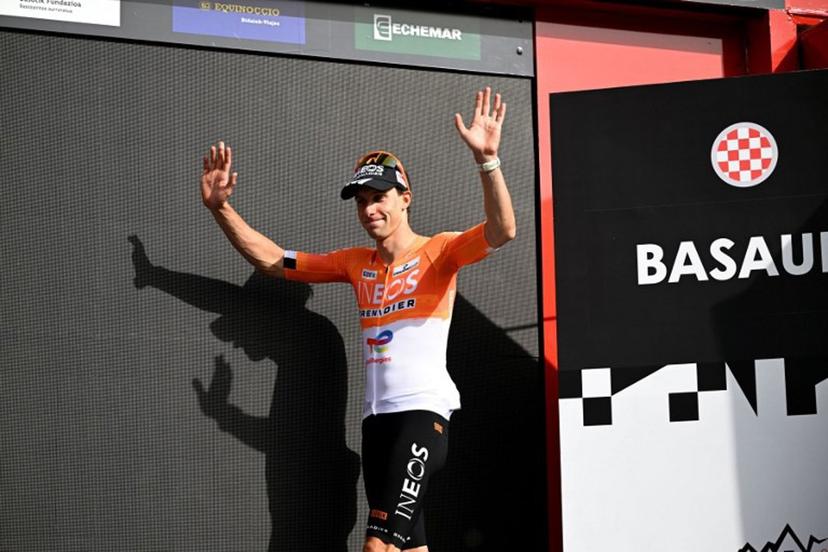 Team Ineos' French rider Axel Laurance celebrates on the podium winning the third stage ahead of Team UAE's Spanish rider Igor Arrieta during the Basque Country's Itzulia cycling tour, a 152.8 km race starting and finishing in Basauri, on April 8, 2026.   ANDER GILLENEA / AFP