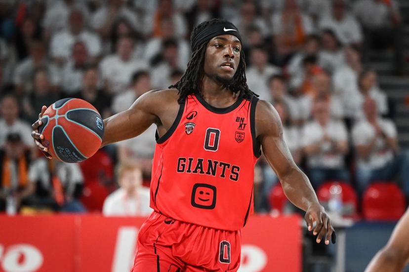 Antwerp's Rasheed Bello pictured in action during a basketball match between Antwerp Giants and Leuven Bears, Sunday 22 March 2026 in Charleroi, the final of the men's Belgian 2026 Basketball Cup. BELGA PHOTO ELIAS ROM