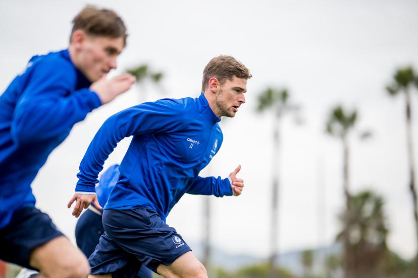 Gent's Hugo Cuypers pictured in action during the winter training camp of Belgian soccer team KAA Gent, in Oliva, Spain, Tuesday 09 January 2024. BELGA PHOTO JASPER JACOBS