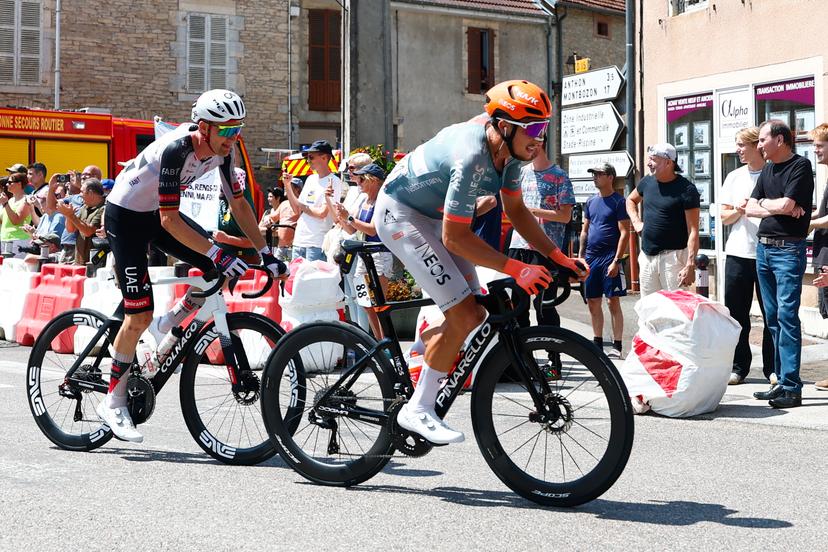 Belgian Tim Wellens of UAE Team Emirates XRG and French Kevin Vauquelin of Netcompany-INEOS pictured in action during stage 13 of the 2026 Tour de France cycling race, a stage of 205km from Dole to Belfort, on Friday 17 July 2026. The 113th edition of the Tour de France starts on Saturday 4 July in Barcelona, Spain, and will finish in Paris, France on the 26th of July. BELGA PHOTO POOL LUCA BETTINI