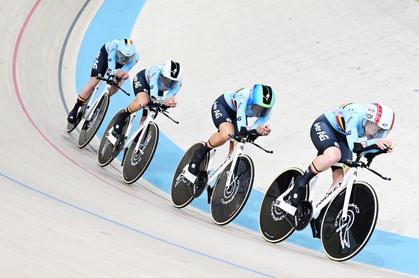 Belgian Helene Hesters, Belgian Luca Vierstraete, Belgian Shari Bossuyt and Belgian Katrijn De Clercq pictured in action during the women's Team Pursuit first round at the second day of the 2026 UEC Track Elite European Championships, in Konya, Turkey, Monday 02 February 2026. The European Championships take place from 01 to 05 February 2026. BELGA PHOTO DIRK WAEM