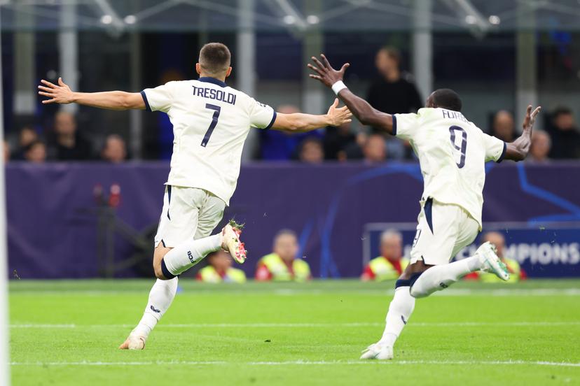 Club's Nicolo Tresoldi celebrates after scoring during a soccer game between Italian Inter Milan and Belgian Club Brugge KV, Tuesday 13 October 2026 in Milan, Italy, on day 2 of the UEFA Champions League league phase. BELGA PHOTO BRUNO FAHY