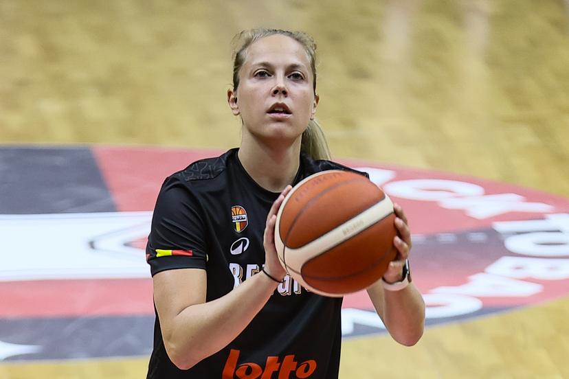 Belgium's Julie Allemand pictured in action during the warming-up for a basketball game between Belgian national team the Belgian Cats and Finland, Thursday 13 November 2025 in Leuven, a qualification game (1/6) for the 2027 Eurobasket tournament. BELGA PHOTO BRUNO FAHY