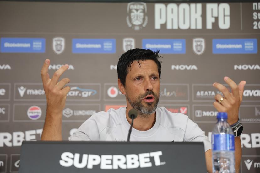 Anderlecht's head coach Vitor Bruno gestures during a press conference of Belgian first division soccer team RSC Anderlecht, in Thessaloniki, Greece, on Wednesday 05 August 2026. Rsca will play tomorrow a game against Greek PAOK, in the third qualifying round of the UEFA Europa League. BELGA PHOTO VIRGINIE LEFOUR
