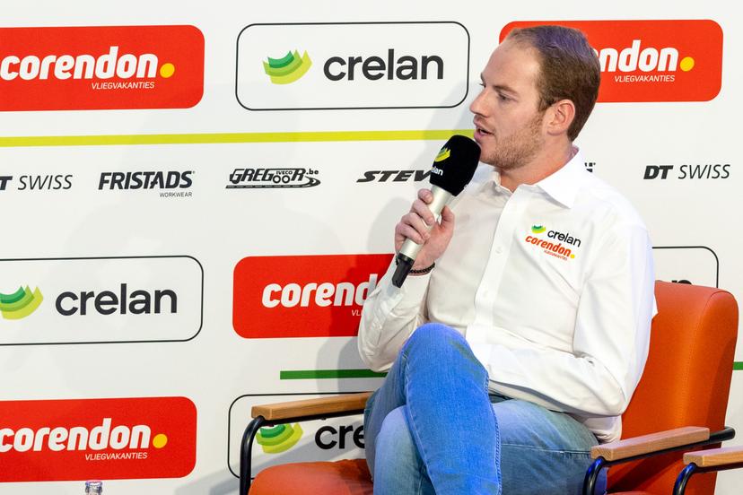 Crelan-Corendon team manager Thomas Sneyers delivers a speech at the presentation of the cyclo-cross team Crelan-Corendon, in Berchem, on Tuesday 08 October 2024. BELGA PHOTO WARD VANDAEL