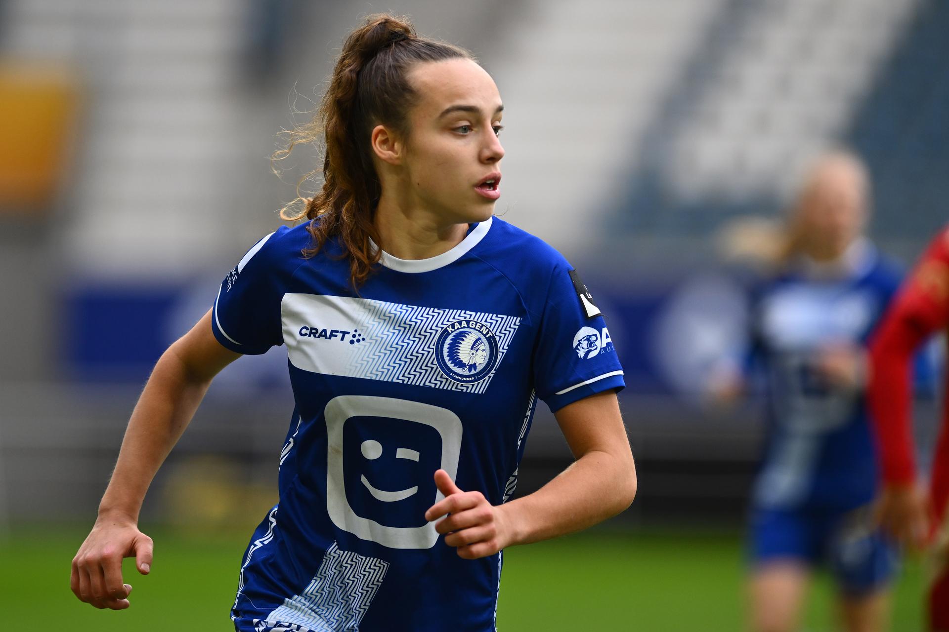 KAA Gent's Ladies Jasmien Mathys pictured during a female soccer game between AA Gent Ladies and Standard Femina on the 11th matchday of the 2024 - 2025 season of Belgian Lotto Womens Super League, Saturday 23 November 2024 in Gent. BELGA PHOTO LUC CLAESSEN