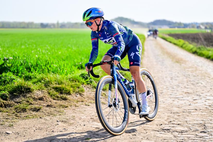 French Gladys Verhulst-Wild of AG Insurance-Soudal Team pictured in action during the reconnaissance of the track ahead of this year's Paris-Roubaix cycling race, Thursday 09 April 2026, around Roubaix, France. The 123rd edition of Paris-Roubaix cycling races will take on Sunday, with the women riding 143,1 km the men riding 258,3 km on Sunday. BELGA PHOTO DIRK WAEM