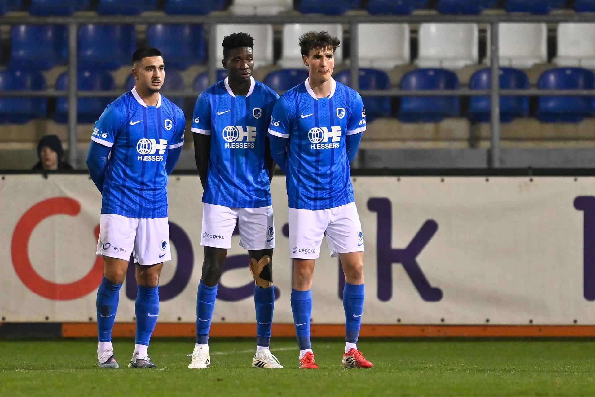 Jong Genk's Jusef Erabi, Jong Genk's Ibrahima Bangoura and Jong Genk's Nikolas Sattlberg pictured during a soccer game between Jong Genk and RFC Liege, Saturday 14 February 2026 in Geel, on day 25 (out of 30) of the 2025-2026 'Challenger Pro League' 1B second division of the Belgian championship. BELGA PHOTO JOHAN EYCKENS