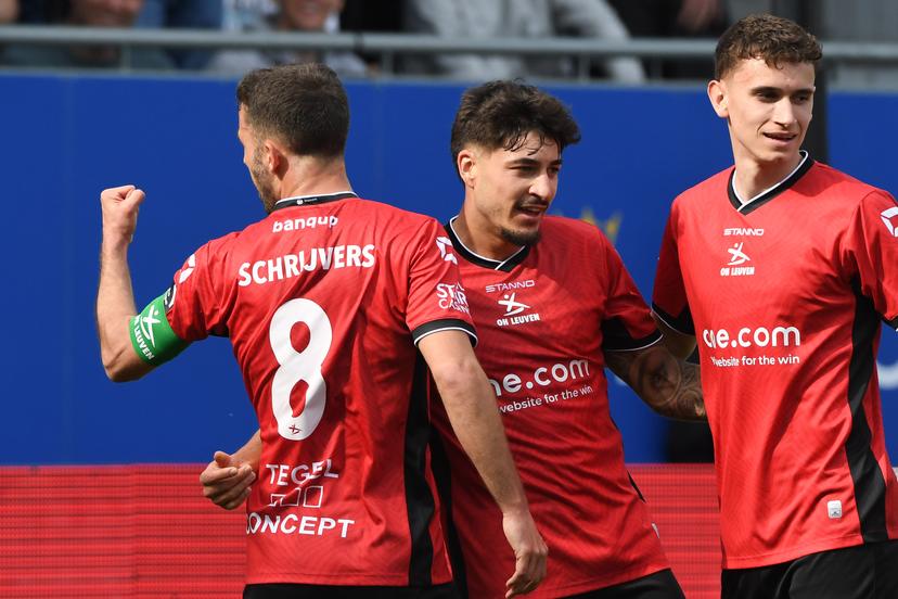 OHL's Siebe Schrijvers celebrates after scoring during a soccer match between Oud-Heverlee Leuven and FCV Dender EH, Saturday 19 April 2025 in Leuven, on day 4 (out of 10) of the Europe Play-offs of the 2024-2025 'Jupiler Pro League' first division of the Belgian championship. BELGA PHOTO JILL DELSAUX