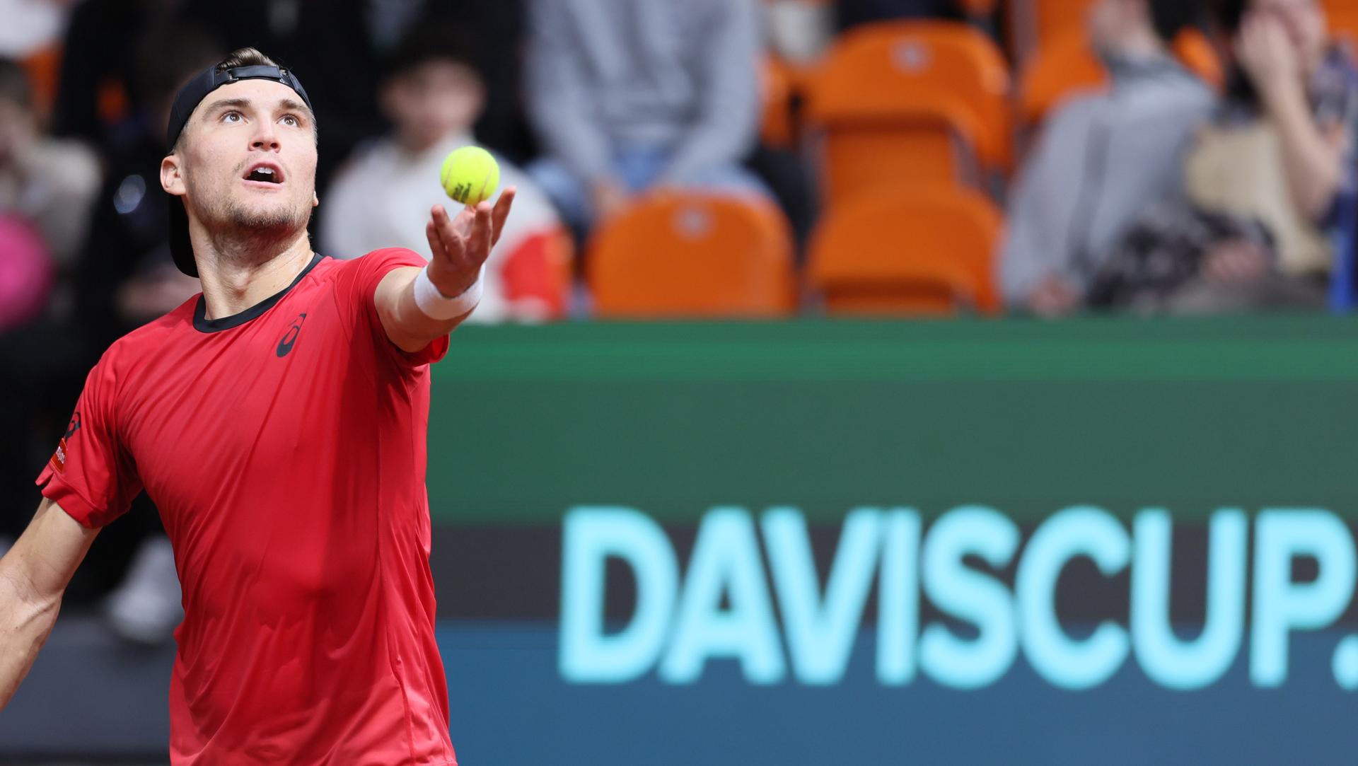 Belgian Raphael Collignon pictured during during a singles tennis match against Bulgarian Ivanov, match 4 of the qualifier of the Davis Cup on Sunday 08 February 2026, in Plovdiv, Bulgaria. Belgium will compete this weekend in the Davis Cup qualifiers against Bulgaria. Belgian is leading 4-0. BELGA PHOTO BENOIT DOPPAGNE