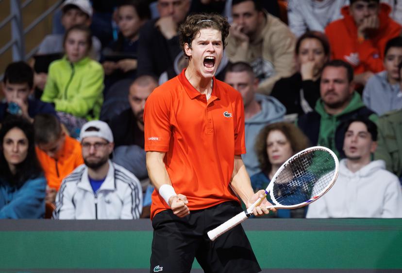 Belgian Alexander Blockx reacts during a tennis match against Bulgarian Radulov, during the qualifier of the Davis Cup on Saturday 07 February 2026, in Plovdiv, Bulgaria. Belgium will compete this weekend in the Davis Cup qualifiers against Bulgaria. BELGA PHOTO BENOIT DOPPAGNE