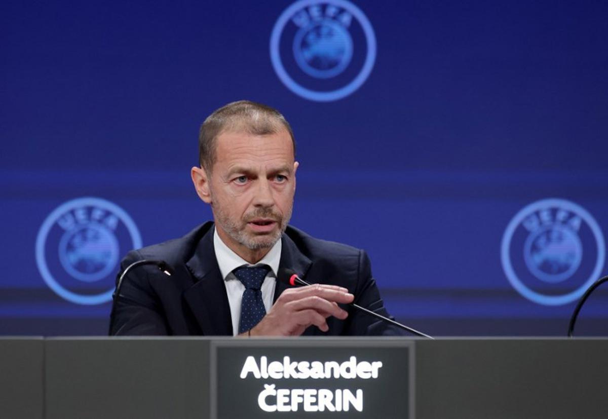 UEFA president Aleksander Ceferin speaks during a press conference after the 49th UEFA Ordinary Congress held at the Sava Centar congress centre in Belgrade on April 3, 2025.  PREDRAG MILOSAVLJEVIC / AFP
