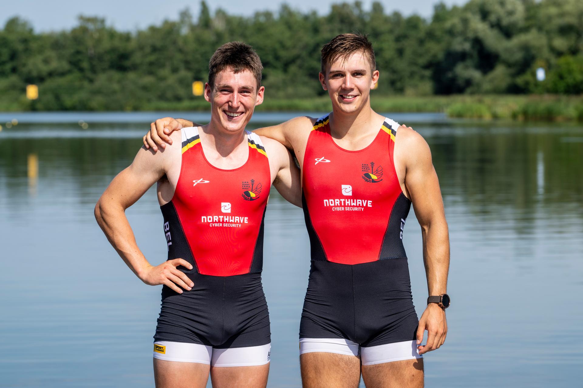 U23 Belgian Shark rower Aaron Andries and U23 Belgian Shark rower Tristan Vandenbussche pose for the photographer at a press conference organized by the Vlaamse Roeiliga and Peddelsport Vlaanderen, ahead of the Olympic Games in Parijs 2024, Friday 11 August 2023 in Willebroek. During this press conference, the selection criteria and the athletes towards the Paris Olympics will be presented. BELGA PHOTO TOM GOYVAERTS