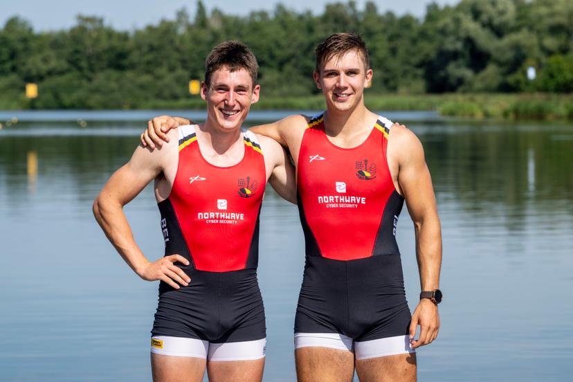 U23 Belgian Shark rower Aaron Andries and U23 Belgian Shark rower Tristan Vandenbussche pose for the photographer at a press conference organized by the Vlaamse Roeiliga and Peddelsport Vlaanderen, ahead of the Olympic Games in Parijs 2024, Friday 11 August 2023 in Willebroek. During this press conference, the selection criteria and the athletes towards the Paris Olympics will be presented. BELGA PHOTO TOM GOYVAERTS