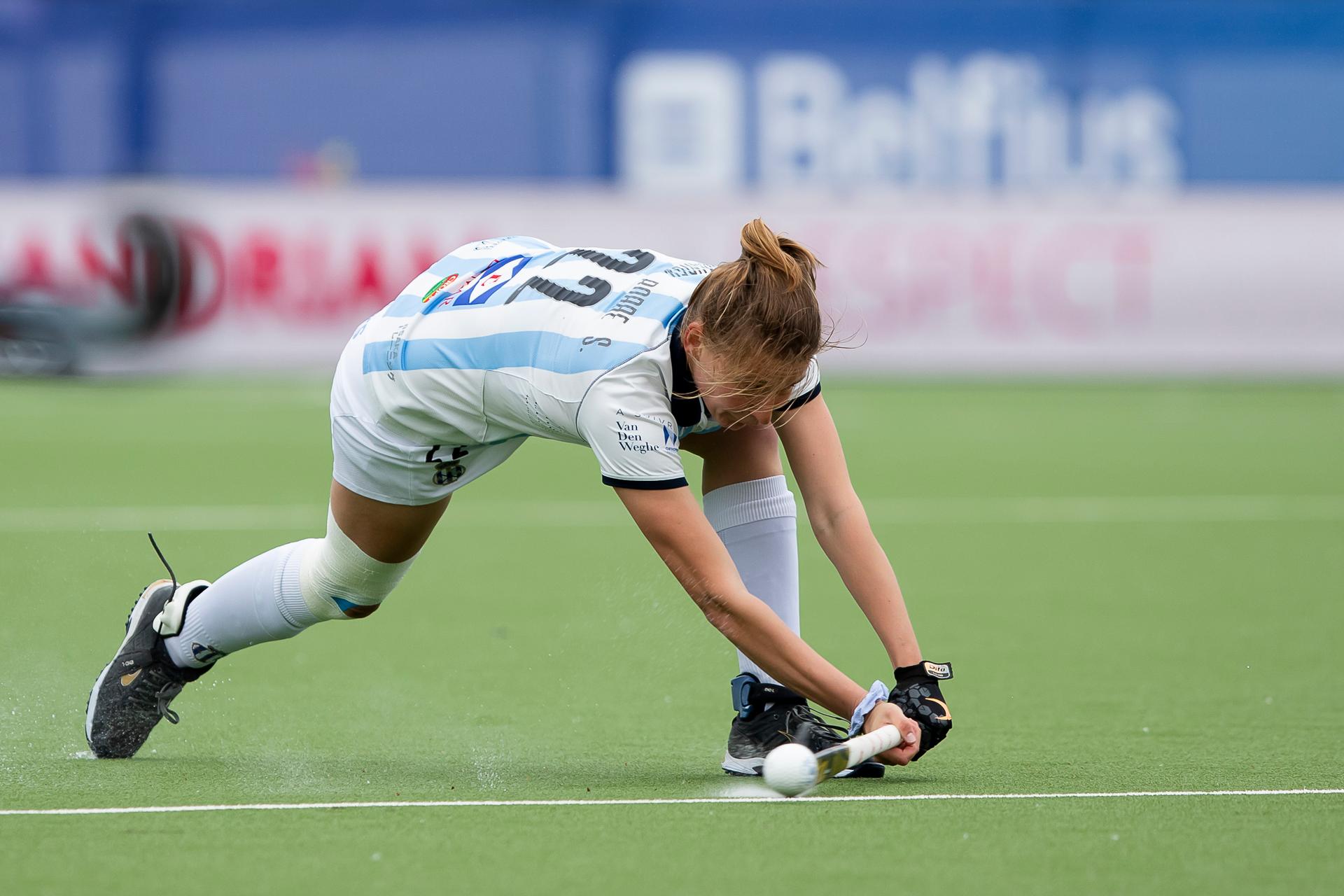 Gantoise's Stephanie Vanden Borre pictured in action during a women hockey game between Gantoise and Dragons, the women first leg of the final of the play-offs of the Belgian first division hockey championship, Saturday 08 May 2021 in Antwerp. BELGA PHOTO KRISTOF VAN ACCOM