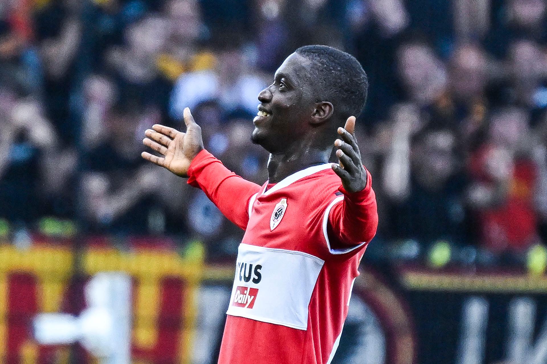 Antwerp's Mahamadou Doumbia celebrates after scoring during a soccer match between Royal Antwerp FC and KV Mechelen, Sunday 24 August 2025 in Antwerp, on day 5 of the 2025-2026 'Jupiler Pro League' first division of the Belgian championship. BELGA PHOTO TOM GOYVAERTS