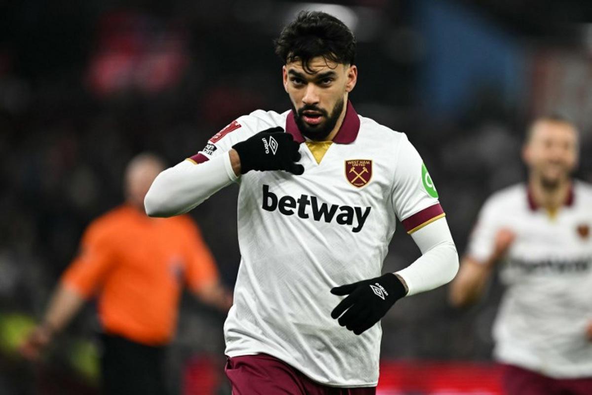 West Ham United's Brazilian midfielder #10 Lucas Paqueta celebrates after scoring his team first goal during the English FA Cup third round football match between Aston Villa and West Ham United at Villa Park in Birmingham, central England on January 10, 2025.  Ben STANSALL / AFP