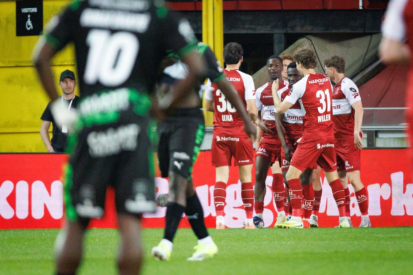 Essevee's Joseph Opoku celebrates after scoring during a soccer match between Cercle Brugge KSV and SV Zulte Waregem, Friday 01 May 2026 in Brugge, on day five of the Relegation Play-offs of the 2025-2026 'Jupiler Pro League' first division of the Belgian championship. BELGA PHOTO KURT DESPLENTER