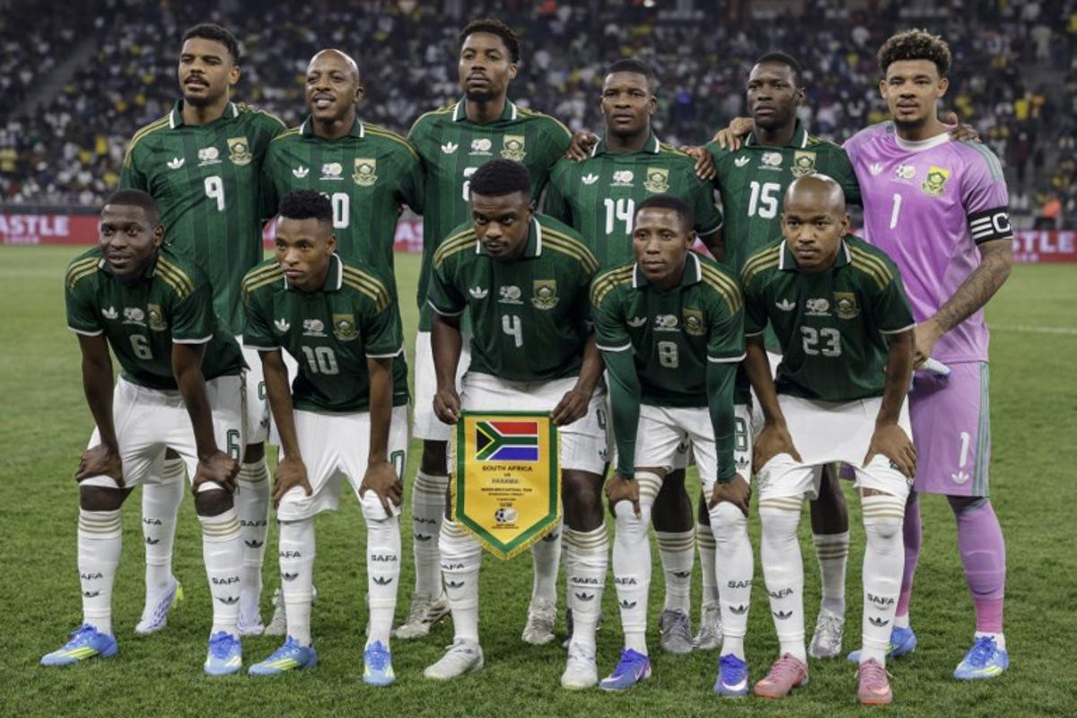South Africa's team pose for a photograph ahead of the friendly international football match between South Africa and Panama at the Cape Town Stadium in Cape Town on March 31, 2026.  GIANLUIGI GUERCIA / AFP