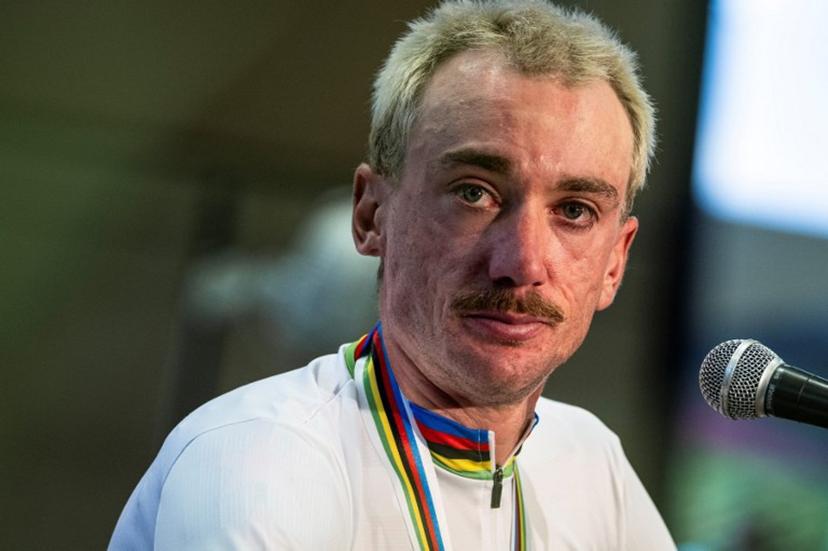 First-placed United States' Brandon McNulty speaks at a press conference after winning the 2026 Union Cycliste Internationale (UCI) Road World Championships in Montreal, Quebec, on September 27, 2026.  ANDREJ IVANOV / AFP