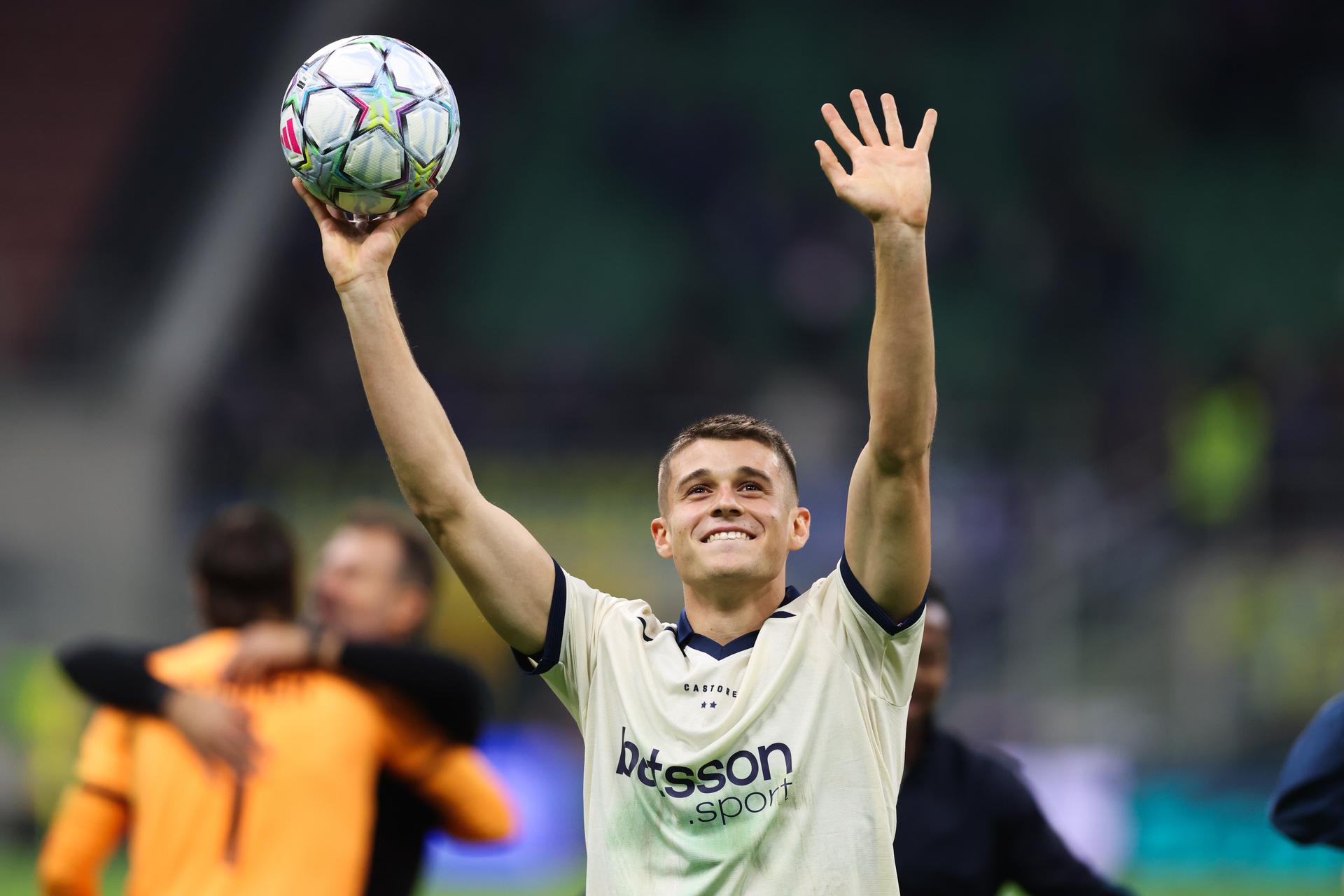 Club's Nicolo Tresoldi celebrates after a soccer game between Italian Inter Milan and Belgian Club Brugge KV, Tuesday 13 October 2026 in Milan, Italy, on day 2 of the UEFA Champions League league phase. BELGA PHOTO BRUNO FAHY