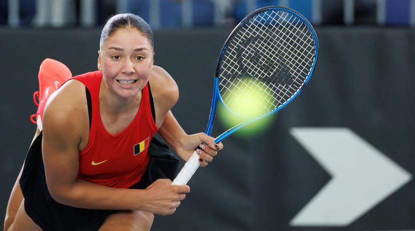 Belgian Sofia Costoulas pictured during the first game between Belgian Costoulas and Turkish Aksu in the Billie Jean King Cup Play-offs, between Belgium and Turkey, on Saturday 15 November 2025 in Ismaning, Germany. PHOTO BENOIT DOPPAGNE