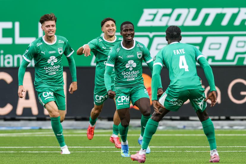 RAAL's Mustapha Isah celebrates after scoring during a soccer match between RAAL La Louviere and KV Kortrijk, Sunday 13 September 2026 in La Louviere, on day 6 of the 2026-2027 'Jupiler Pro League' first division of the Belgian championship. BELGA PHOTO BRUNO FAHY
