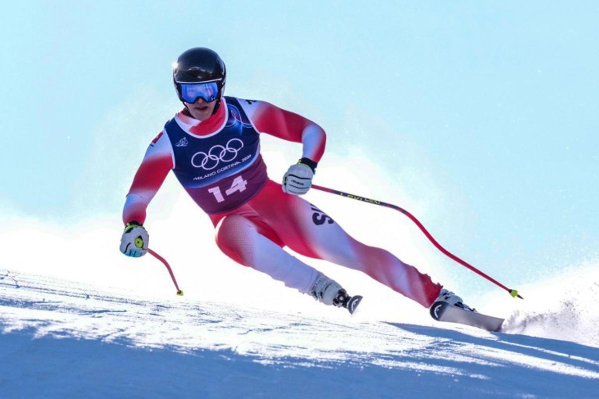 Switzerland's Franjo von Allmen competes in the downhill run of the men's team combined alpine skiing event during the Milano Cortina 2026 Winter Olympic Games at the Stelvio Ski Centre in Bormio (Valtellina) on February 9, 2026.  Dimitar DILKOFF / AFP