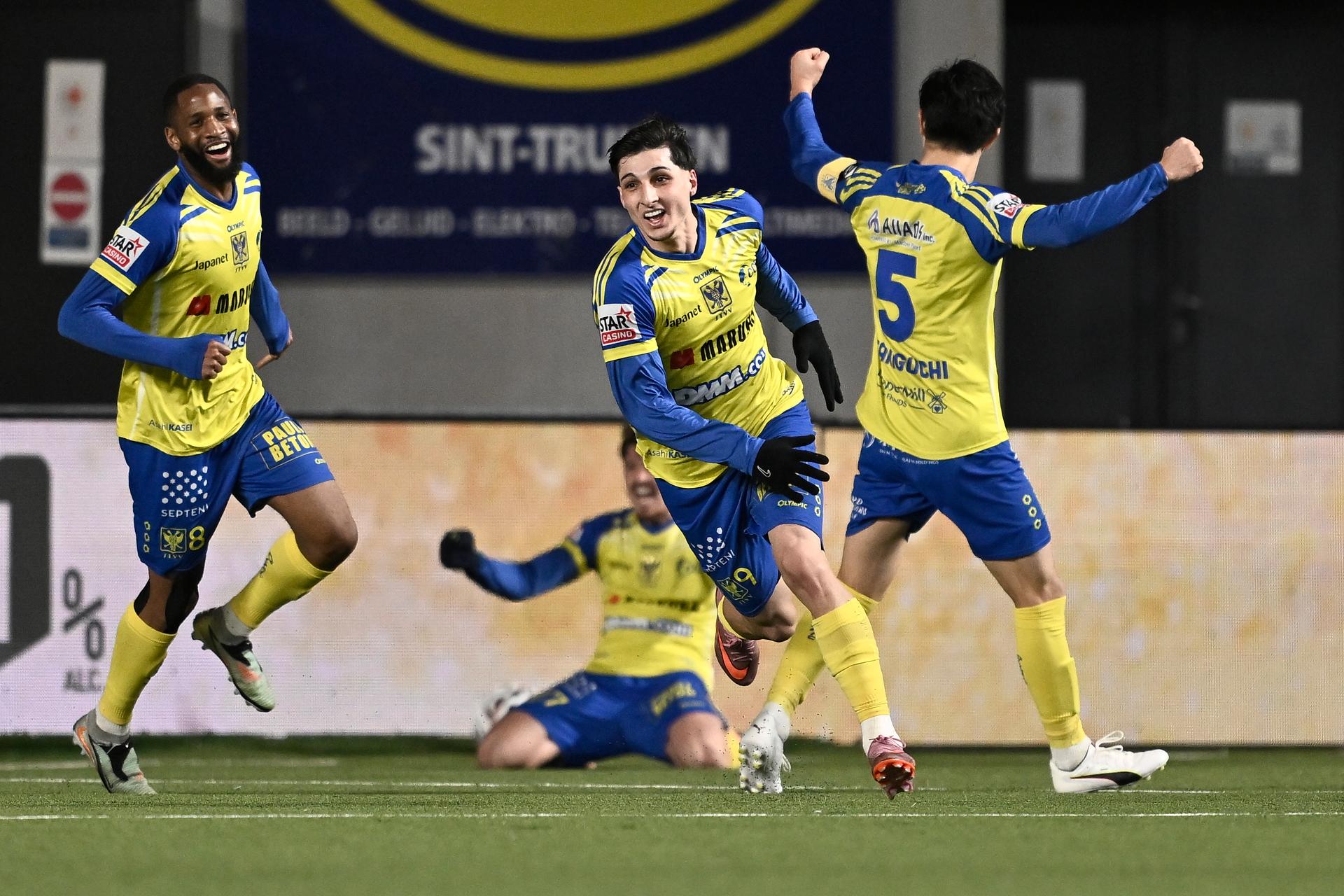 STVV's Andres Ferrari celebrates after scoring during a soccer match between Sint-Truidense V.V. and Club Brugge, Saturday 06 December 2025 in Sint-Truiden, on day 17 of the 2025-2026 'Jupiler Pro League' first division of the Belgian championship. BELGA PHOTO JOHAN EYCKENS