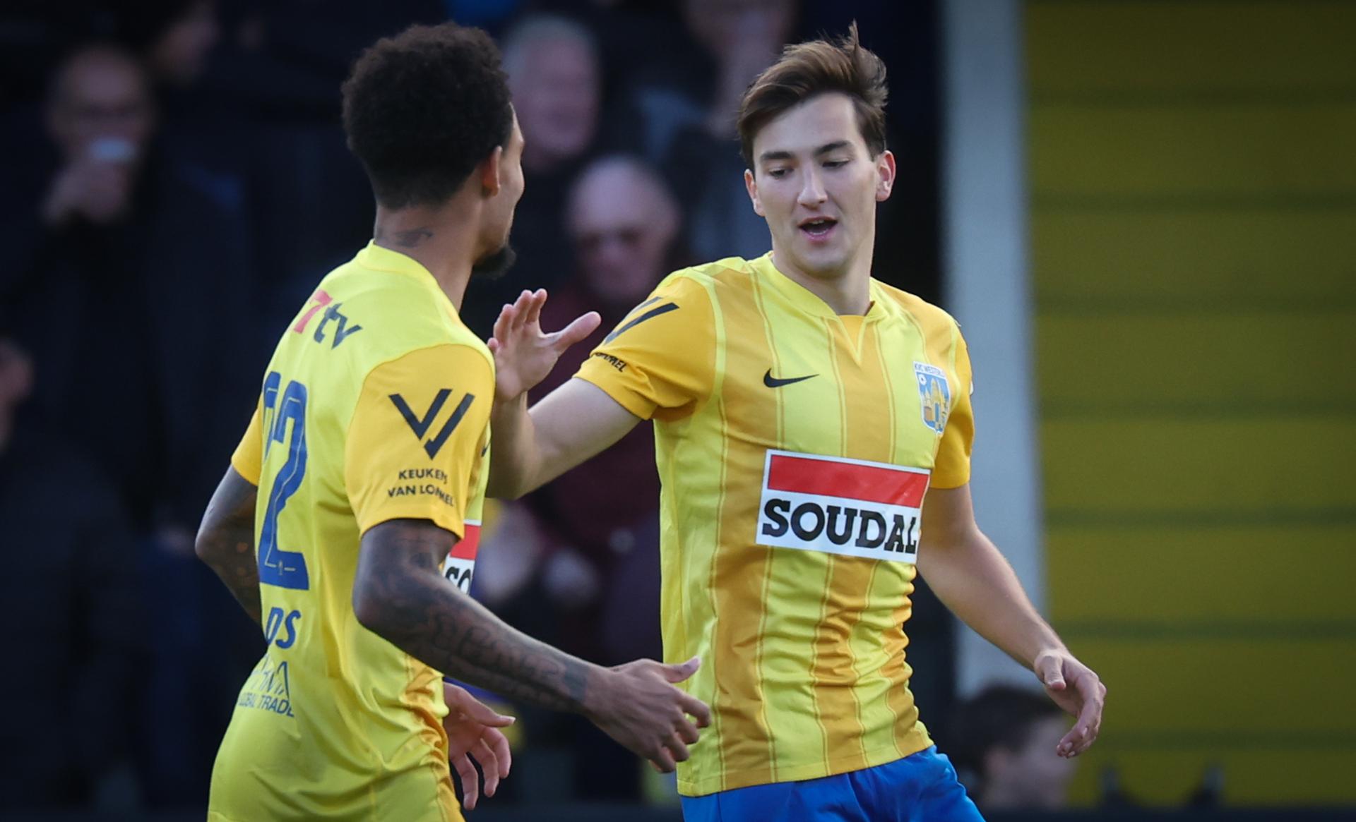 Westerlo's Thomas Van Den Keybus celebrates after scoring during a soccer match between KVC Westerlo and FCV Dender EH, Saturday 25 October 2025 in Westerlo, on day 12 of the 2025-2026 'Jupiler Pro League' first division of the Belgian championship. BELGA PHOTO VIRGINIE LEFOUR