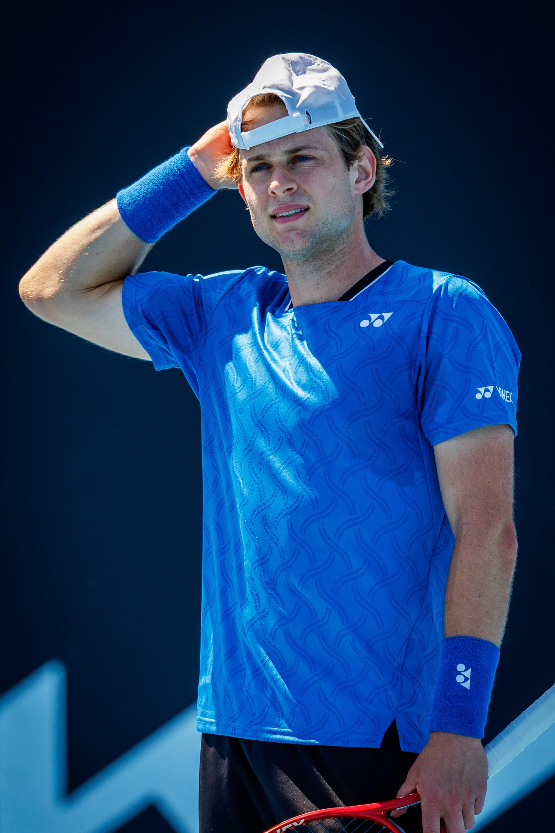 Belgian Zizou Bergs pictured during a first round match of Belgium's Bergs/Collignon against Australia's pair McCabe/Tu in the men doubles at the Australian Open, Melbourne Park, Melbourne on Wednesday 21 January 2026. McCabe/Tu won the game. BELGA PHOTO PATRICK HAMILTON  --- BENELUX ONLY   ---