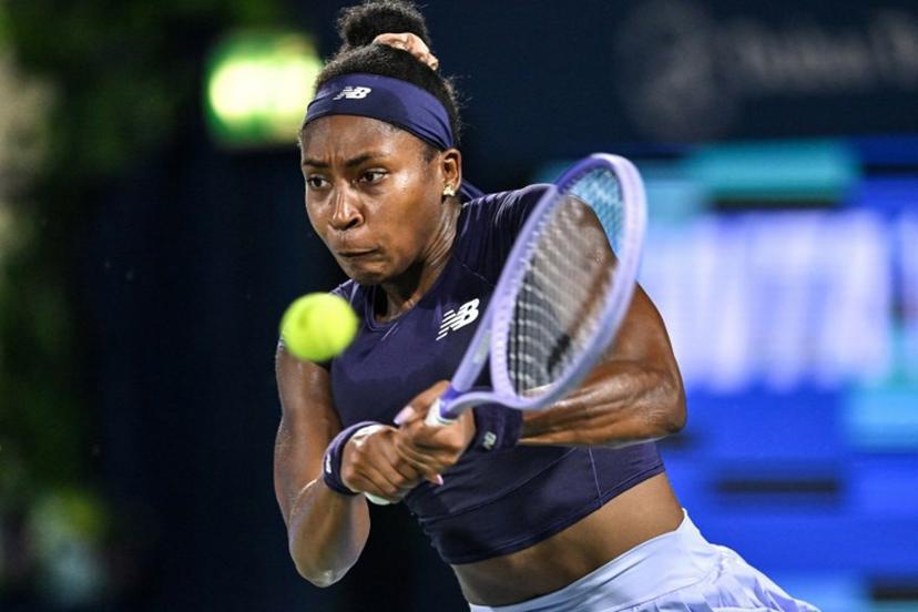 US' Coco Gauff hits a return to Ukraine's Elina Svitolina during their women's singles semi-final match  at the Dubai Duty Free Tennis tournament in Dubai on February 20, 2026.  Ryan Lim / AFP