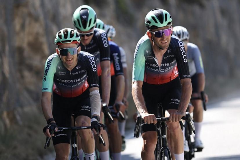 Decathlon CMA CGM Team's French rider Paul Seixas (L) and Decathlon CMA CGM Team's Belgian rider Tiesj Benoot (R) cycle during a team training session on the eve of the start of the 113th edition of the Tour de France cycling race, in Barcelona in northeastern Spain, on July 3, 2026.  Anne-Christine POUJOULAT / AFP
