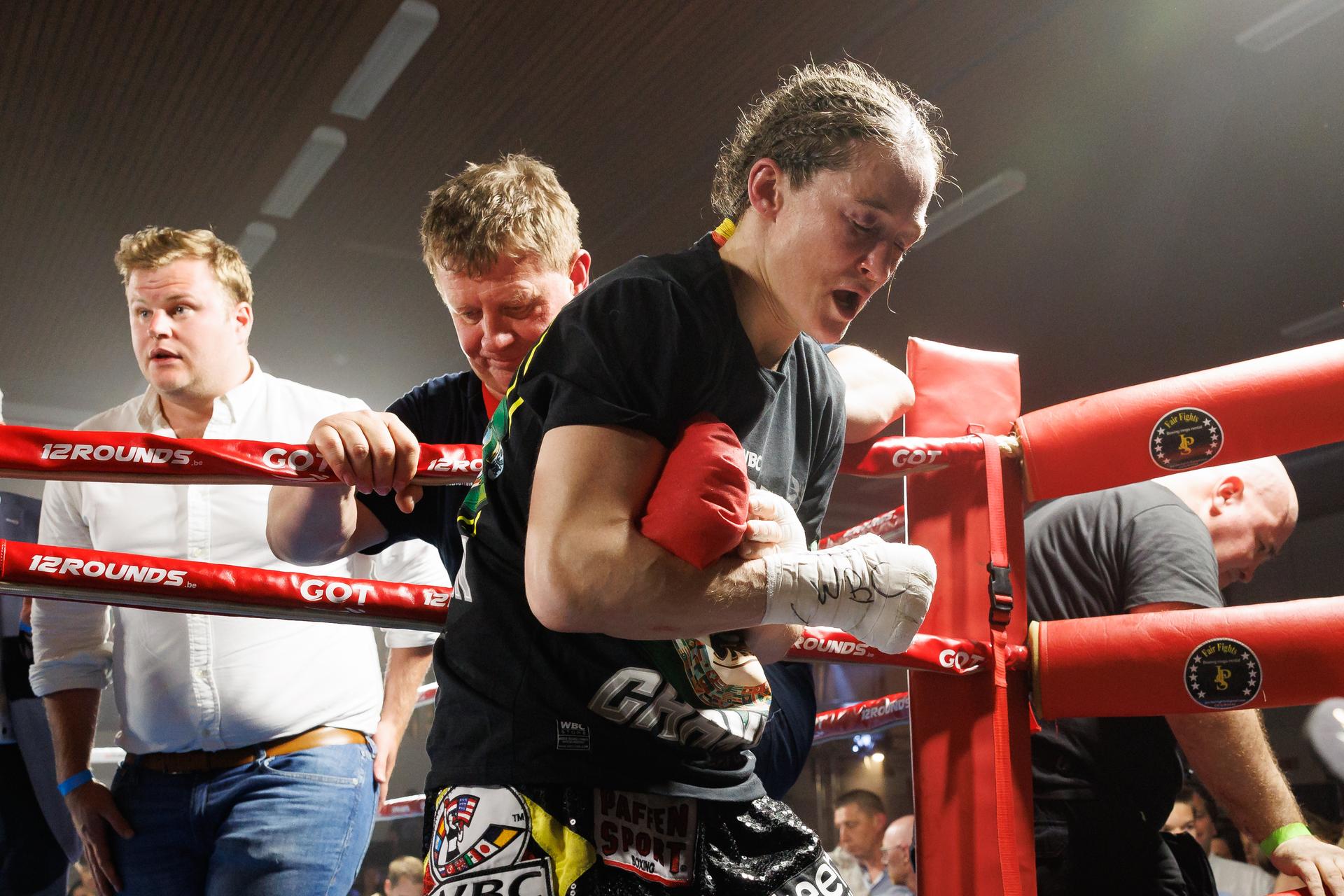 Belgian Delfine Persoon pictured after the fight between Belgian Delfine Persoon and Korean Bo Mi Re Shin, for the WBC Silver Super Feather title women title, Sunday 28 May 2023, in Torhout. BELGA PHOTO KURT DESPLENTER