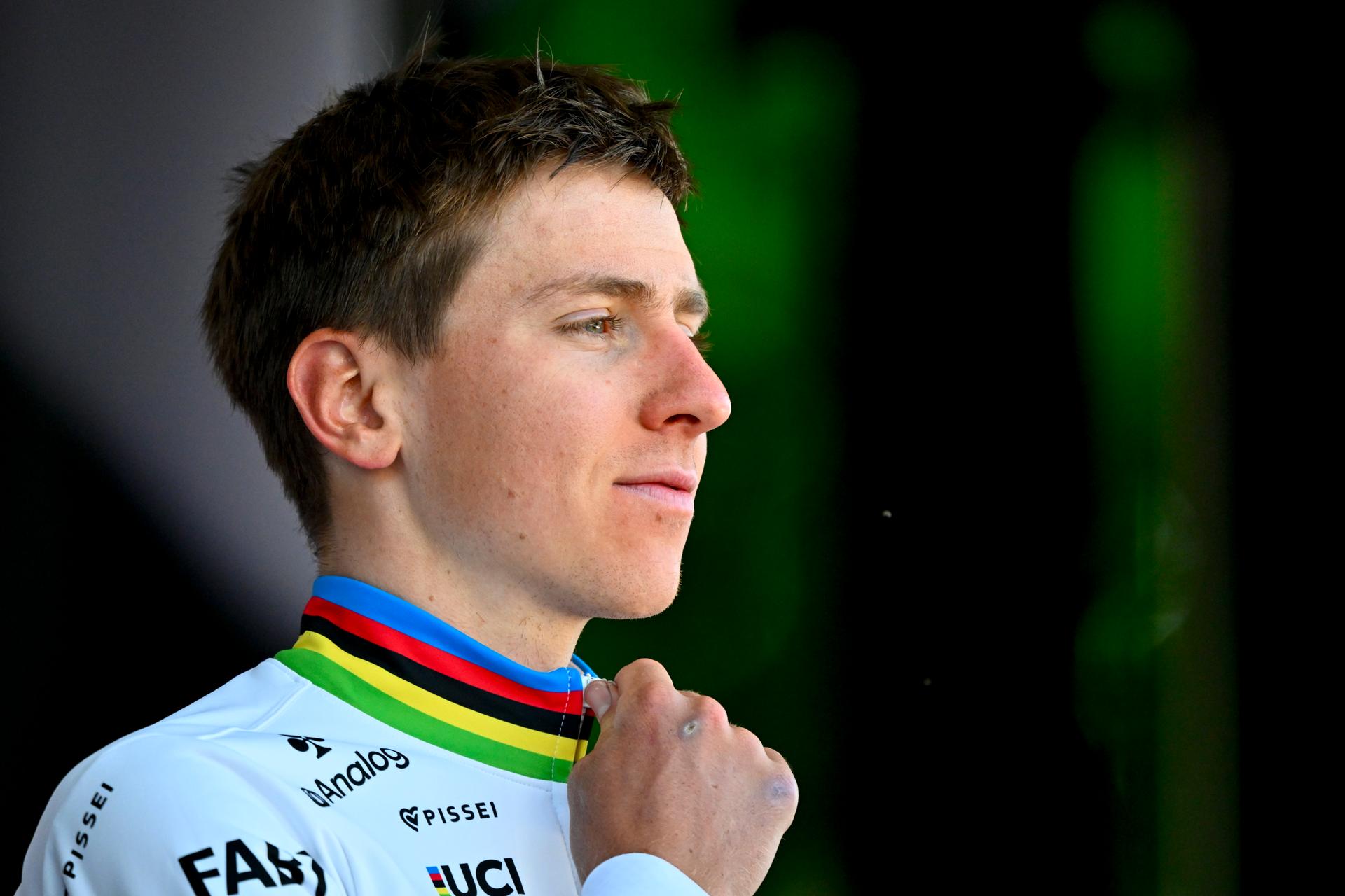 Slovenian Tadej Pogacar of UAE Team Emirates pictured on the podium after the men elite race of the Liege-Bastogne-Liege one day cycling event, 252km from Liege, over Bastogne to Liege, Sunday 27 April 2025. BELGA PHOTO ERIC LALMAND