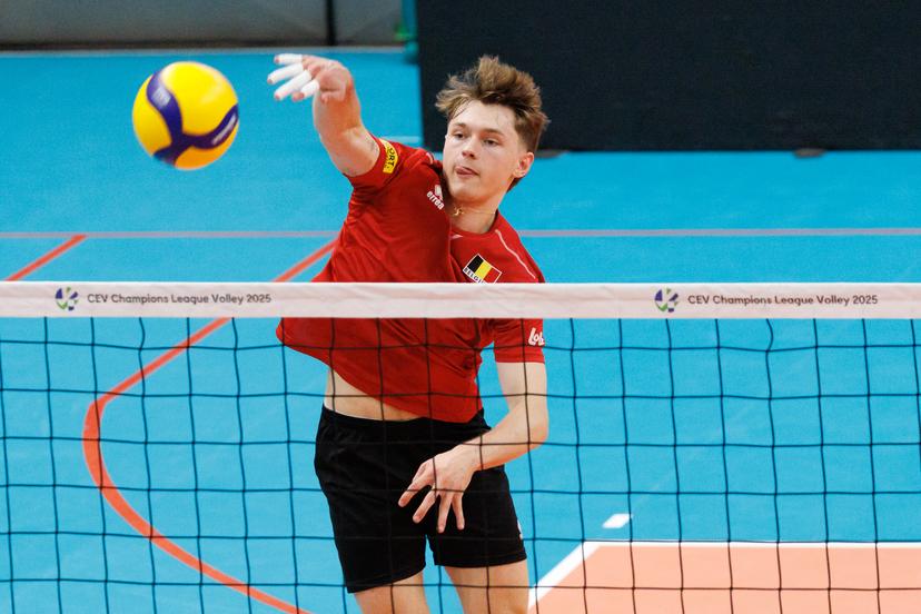 Belgium's Pierre Perin pictured in action during the media day of the Red Dragons, Belgian national men's volleyball team, ahead of the World Championship, in Roeselare, on Thursday 04 September 2025. The FIVB 2025 Volleyball World Championship take place from 12 to 28 September in the Philippines. BELGA PHOTO KURT DESPLENTER