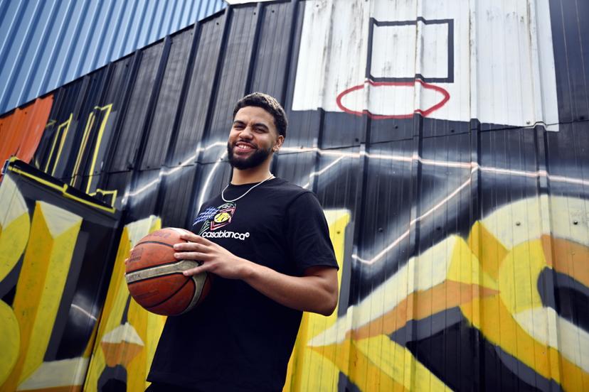 Ajay Mitchell poses for the photographer during a press conference regarding the NBA US basketball competition on Wednesday 30 July 2025 in Ans. Oklahoma City Thunder, featuring Belgian point guard Mitchell, won the league. BELGA PHOTO ERIC LALMAND